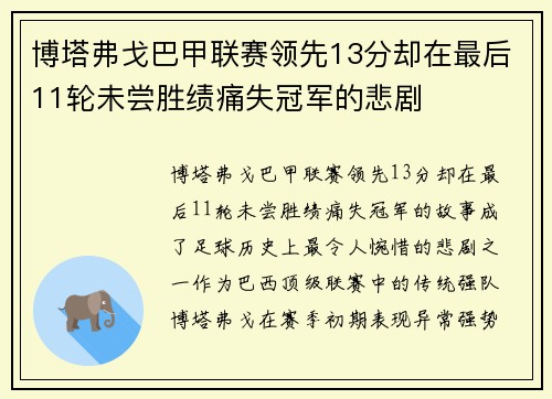 博塔弗戈巴甲联赛领先13分却在最后11轮未尝胜绩痛失冠军的悲剧