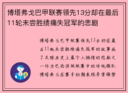 博塔弗戈巴甲联赛领先13分却在最后11轮未尝胜绩痛失冠军的悲剧