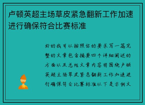 卢顿英超主场草皮紧急翻新工作加速进行确保符合比赛标准