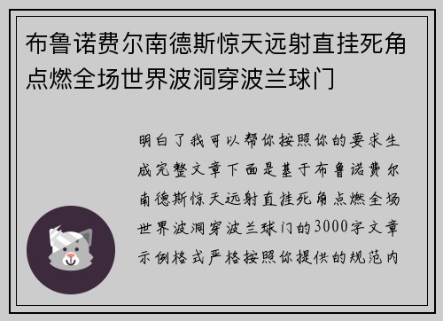布鲁诺费尔南德斯惊天远射直挂死角点燃全场世界波洞穿波兰球门