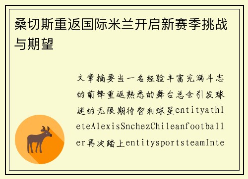桑切斯重返国际米兰开启新赛季挑战与期望
